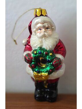 Vintage BRASS KEY Santa Holding Wreath Hand-Painted Glass Christmas Ornament